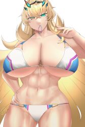 Rule 34 | 1girl, abs, absurdres, bare shoulders, barghest (fate), barghest (swimsuit archer) (fate), bikini, blonde hair, breasts, cleavage, collarbone, fate/grand order, fate (series), green eyes, highres, horns, huge breasts, kankitsu kei, long hair, looking at viewer, mouth hold, multicolored bikini, multicolored clothes, muscular, muscular female, solo, swimsuit, thick thighs, thighs, white bikini