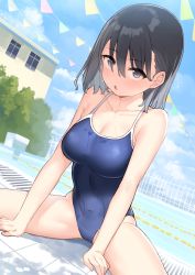 Rule 34 | 1girl, absurdres, black hair, blue one-piece swimsuit, blue sky, building, cloud, commentary request, competition school swimsuit, cowboy shot, day, fence, grey eyes, highres, lane line, one-piece swimsuit, original, outdoors, pool, school swimsuit, short hair, sky, solo, spread legs, standing, stretching, swimsuit, tama tanuki