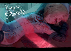 Rule 34 | 1girl, arms up, black cardigan, blonde hair, blood, blood on clothes, blood on face, blood stain, cardigan, character name, commentary request, cowboy shot, ear piercing, hair over one eye, hat, highres, id card, idolmaster, idolmaster cinderella girls, indoors, kiichirou, lanyard, letterboxed, looking at viewer, lying, nurse, nurse cap, on back, on bed, open cardigan, open clothes, parted lips, piercing, pink eyes, shirasaka koume, short hair, smile, solo