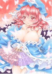 Rule 34 | absurdres, bare shoulders, blush, breasts, bug, butterfly, cherry blossoms, cleavage, collarbone, eyebrows, hand fan, hat, highres, insect, japanese clothes, kimono, large breasts, long sleeves, mob cap, pink eyes, pink hair, saigyouji yuyuko, smile, solo, touhou, traditional media, triangular headpiece, wide sleeves, yuuki chima