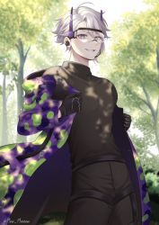 Rule 34 | 1boy, artist name, azul ashengrotto, black gloves, black pants, black shirt, coat, cowboy shot, day, forest, glasses, gloves, goggles, grey hair, grin, highres, looking at viewer, male focus, mole, multicolored coat, nabekokoa, nature, open clothes, open coat, outdoors, pants, purple eyes, shirt, short hair, smile, solo, standing, tree, twisted wonderland, undressing