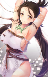 Rule 34 | 1girl, armpits, bare shoulders, body markings, breasts, brown eyes, brown hair, dress, facial mark, fate/grand order, fate (series), forehead, forehead mark, highres, himiko (fate), himiko (first ascension) (fate), jewelry, large breasts, long hair, looking at viewer, magatama, magatama necklace, necklace, no bra, no panties, sash, side slit, sideboob, simple background, sina (sinasinatu), thighs, topknot, twintails, white background, white dress