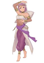 Rule 34 | 1girl, absurdres, arm up, bare shoulders, barefoot, belly chain, bodystocking, choker, circlet, collarbone, commission, covered navel, dancer, detached sleeves, ebinku, fire emblem, fire emblem fates, grin, harem outfit, highres, jewelry, layla (fire emblem), layla (fire emblem fates), looking at viewer, nintendo, pants, purple eyes, purple hair, purple pants, see-through, simple background, smile, solo, strapless, tube top, veil, white background