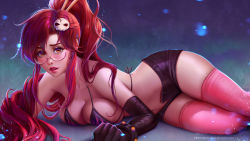 Rule 34 | 1girl, bikini, bikini top only, breasts, elbow gloves, flame print, glasses, gloves, hair ornament, hairpin, highres, lying, mole, mole on breast, mole on shoulder, navel, on side, open fly, parted lips, pink hair, pink thighhighs, prywinko, red hair, short shorts, shorts, solo, stomach, swimsuit, tengen toppa gurren lagann, thighhighs, yoko littner