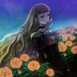 Rule 34 | 1girl, alternate hairstyle, bad id, bad pixiv id, beatrice (umineko), blonde hair, blunt bangs, blurry, bow, choker, depth of field, dress, dutch angle, expressionless, flower, green eyes, hair down, long hair, looking at viewer, popompon, puffy sleeves, rose, solo, staring, striped clothes, striped dress, tears, umineko no naku koro ni, yellow flower, yellow rose