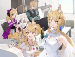 Rule 34 | 1boy, 3girls, alcohol, alternate hairstyle, animal ear fluff, animal ears, arknights, armpits, aunt and niece, black dress, black gloves, black pants, black vest, blemishine (arknights), blue bow, blue eyes, blue flower, blue rose, bow, breasts, champagne, champagne flute, cleavage cutout, clothing cutout, collared shirt, commentary, corsage, couch, cup, dress, drinking glass, feet out of frame, flower, gloves, green shirt, hair bow, hat, highres, holding, holding cup, horse boy, horse ears, horse girl, indoors, jewelry, long hair, looking at viewer, medium breasts, mini hat, mlynar (arknights), multiple girls, nearl (arknights), necklace, necktie, official alternate costume, one eye closed, open mouth, pants, ponytail, purple bow, purple skirt, rose, sash, shirt, short ponytail, siblings, sisters, skirt, sleeveless, sleeveless dress, smile, table, uncle and niece, upper body, vest, whislash (arknights), whislash (glory purple) (arknights), white dress, white headwear, white necktie, yakota (usuk-yako), yellow eyes