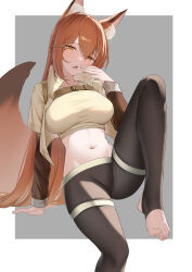 Rule 34 | 1girl, absurdres, animal ear fluff, animal ears, arknights, arm support, black pantyhose, border, breasts, brown eyes, brown hair, cropped jacket, cropped shirt, fang, feet, foot out of frame, fox ears, fox girl, fox tail, franka (arknights), franka (rainforest me rainbow) (arknights), grey background, hair between eyes, hand up, highres, invisible chair, jacket, knee up, lahz52, large breasts, layered sleeves, leaning back, legs, long hair, looking at viewer, midriff, navel, no shoes, official alternate costume, open clothes, open jacket, open mouth, outside border, pantyhose, revision, shirt, simple background, sitting, skin fang, solo, stirrup legwear, tail, thighs, toeless legwear, toes, very long hair, white border, yellow jacket, yellow shirt