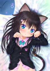 Rule 34 | 1girl, :&lt;, :3, animal ears, aqua bow, bed sheet, bell, black cardigan, blue eyes, blush, bow, breasts, brown hair, buttons, cardigan, cat brooch, cat ears, cat girl, cat tail, closed mouth, clover, commentary request, crossed bangs, dot nose, fish, four-leaf clover, furrowed brow, hair between eyes, heart button, highres, initial, jingle bell, light particles, long sleeves, looking at viewer, messy hair, midriff, navel, on bed, original, paw hair ornament, paw pose, paw print, petite, pink shirt, ruju ametoneco, shadow, shamrock, shamrock button, shirt, sidelocks, small breasts, solo, straight hair, tail, tears, upper body