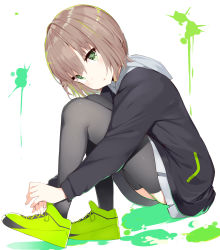 Rule 34 | 1girl, absurdres, ass, black jacket, black thighhighs, blush, brown hair, commentary request, from side, green eyes, green footwear, green hair, grey skirt, head tilt, highres, jacket, kura ekaki, looking at viewer, looking to the side, multicolored hair, original, parted lips, pleated skirt, shoes, sitting, skirt, sneakers, solo, streaked hair, thighhighs, white background