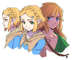 Rule 34 | 1boy, 1girl, archaic set (zelda), blonde hair, blue eyes, blue shirt, braid, closed mouth, collarbone, commentary request, crown braid, dede (qwea 00000), eyelashes, green eyes, hair ornament, hairclip, korean commentary, link, long hair, looking to the side, multiple views, nintendo, parted lips, pointy ears, princess zelda, shirt, simple background, smile, the legend of zelda, the legend of zelda: breath of the wild, upper body, white background