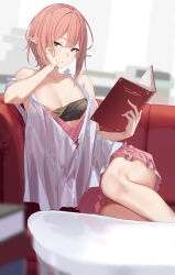 Rule 34 | 1girl, absurdres, babydoll, book, breasts, cleavage, collarbone, commentary request, couch, dress, hair between eyes, hand on own cheek, hand on own face, highres, holding, holding book, legs, on couch, original, pallad, parted lips, pink hair, purple dress, reading, red eyes, sitting, solo, white babydoll