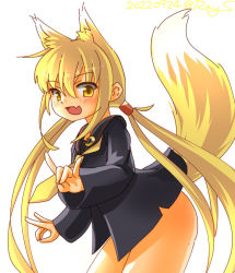 Rule 34 | 1girl, animal ears, black jacket, black sailor collar, blonde hair, commentary request, fox ears, fox tail, jacket, kantai collection, kemonomimi mode, leaning forward, long hair, neckerchief, no panties, no pants, one-hour drawing challenge, ray.s, sailor collar, satsuki (kancolle), satsuki kai ni (kancolle), simple background, solo, tail, twintails, white background, yellow eyes, yellow neckerchief