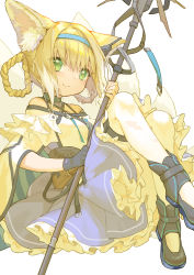 Rule 34 | 1girl, absurdres, animal ears, arknights, bare shoulders, black collar, black footwear, black gloves, blonde hair, blue hairband, braid, clothing cutout, collar, dress, earpiece, fox ears, fox girl, fox tail, frilled dress, frills, full body, gloves, green eyes, hairband, highres, holding, holding staff, infection monitor (arknights), kotatsu kaya, looking at viewer, material growth, multicolored hair, multiple tails, oripathy lesion (arknights), pantyhose, purple dress, shoulder cutout, simple background, smile, solo, staff, streaked hair, suzuran (arknights), tail, white background, white hair, white pantyhose