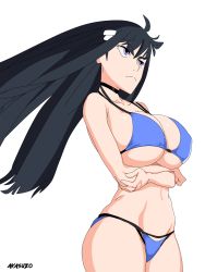 Rule 34 | 1girl, absurdres, angry, armpits, arms under breasts, artist name, barefoot, bikini, black choker, black hair, blue bikini, breasts, choker, cleavage, cleft of venus, clenched hands, closed mouth, collarbone, crossed arms, curvy, eyebrows, eyelashes, feet, female focus, floating hair, hair ornament, highres, hime cut, kill la kill, kiryuuin satsuki, large breasts, legs, legs together, long hair, looking away, midriff, navel, neck, purple eyes, shiny clothes, shiny skin, sideboob, simple background, standing, summer, swimsuit, thighs, thighs together, trigger (company), underboob, white background