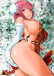 Rule 34 | 1girl, areola slip, ass, bandaged arm, bandages, blush, breasts, bun cover, china dress, chinese clothes, clenched teeth, covered erect nipples, covering privates, double bun, dress, flower, hair bun, hand on own ass, ibaraki kasen, large breasts, looking at viewer, naked tabard, nipples, pink eyes, pink flower, pink hair, pink rose, rose, scar, shiny skin, short hair, sideboob, solo, tabard, teeth, teoshiguruma, thighs, touhou