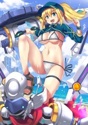 Rule 34 | 1girl, :d, artoria pendragon (fate), beach, bikini, blonde hair, blue eyes, blue sky, breasts, cloud, commentary request, day, fate (series), looking at viewer, medium breasts, mysterious heroine x (fate), mysterious heroine xx (fate), mysterious heroine xx (first ascension) (fate), open mouth, outdoors, ponytail, sandals, shimouki izui, shrug (clothing), side-tie bikini bottom, sky, smile, solo, swimsuit, twinmyniad (fate), water, white bikini, wristband