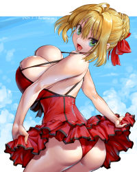 Rule 34 | 1girl, ahoge, amania orz, blonde hair, braid, braided bun, breasts, dated, fate (series), green eyes, hair between eyes, hair bun, hair ribbon, highres, large breasts, looking at viewer, nero claudius (fate), nero claudius (fate) (all), nero claudius (fate/extra), official alternate costume, one-piece swimsuit, open mouth, red one-piece swimsuit, red ribbon, ribbon, shiny skin, simple background, single hair bun, skindentation, solo, swimsuit