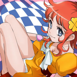 Rule 34 | 1970s (style), 1girl, blue eyes, bow, checkered background, clothes lift, clover, curly hair, four-leaf clover, hair ornament, haruyama kazunori, heart, jewelry, kanzaki megu, legs, light smile, looking at viewer, magical girl, majokko megu-chan, oldschool, panties, pantyshot, pendant, puffy sleeves, red hair, retro artstyle, short hair, sitting, skirt, skirt lift, solo, toei animation, underwear, white panties