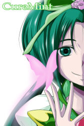 Rule 34 | 00s, 1girl, akimoto komachi, bloom, brooch, bug, butterfly, butterfly hair ornament, character name, cure mint, green eyes, green hair, hair ornament, highres, insect, jewelry, magical girl, matching hair/eyes, nishi koutarou, out of frame, portrait, precure, simple background, smile, solo, upper body, white background, yes! precure 5