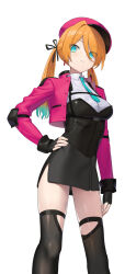 Rule 34 | 1girl, aqua hair, black thighhighs, blue eyes, breasts, commentary request, cropped jacket, dress, fingerless gloves, gloves, gradient hair, hand on own hip, hat, highres, jacket, long hair, looking at viewer, medium breasts, multicolored hair, necktie, ohlia, open clothes, open jacket, orange hair, original, short dress, side slit, simple background, solo, thighhighs, thighs, twintails, two-tone hair, white background