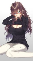 Rule 34 | 1girl, ahoge, black sweater, blue eyes, blush, breasts, brown hair, cleavage, cleavage cutout, clothing cutout, earrings, hair censor, highres, ichinose shiki, idolmaster, idolmaster cinderella girls, jewelry, large breasts, lips, long hair, long sleeves, looking at viewer, meme attire, onineko-chan, open-chest sweater, pants, parted lips, ribbed sweater, simple background, sitting, smile, solo, sweater, turtleneck, turtleneck sweater, wariza, wavy hair, white pants