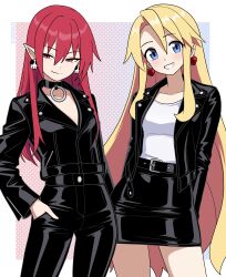 2girls absurdres belt belt_buckle black_belt black_choker black_jacket black_pants black_skirt blonde_hair blue_background blue_eyes border buckle choker closed_mouth disgaea earrings etna_(disgaea) flonne gradient_background hand_in_pocket heart heart_earrings highres jacket jewelry leather leather_belt leather_choker leather_jacket leather_pants leather_skirt long_hair looking_at_viewer multiple_girls nico-neko o-ring o-ring_choker open_clothes open_jacket pants parted_lips pointy_ears polka_dot polka_dot_background red_background red_eyes red_hair shirt simple_background skirt skull_earrings two-tone_background very_long_hair white_border white_shirt