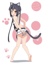 Rule 34 | 1girl, 2011, animal ears, barefoot, bikini, black hair, blush, brown eyes, cat ears, cat tail, dated, errant, from behind, full body, k-on!, kemonomimi mode, long hair, looking back, nakano azusa, paw print, solo, swimsuit, tail, twintails