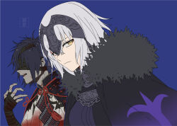 Rule 34 | 1boy, 1girl, armor, bandage over one eye, bandaged head, bandages, black armor, black bandages, black cape, black gloves, black hair, blue background, cape, chain, chiemon (fate), closed mouth, collar, fate/samurai remnant, fate (series), fingerless gloves, fur-trimmed cape, fur trim, gloves, grey hair, hand up, haori, headpiece, japanese armor, japanese clothes, jeanne d&#039;arc alter (fate), kibou, looking at viewer, looking to the side, messy hair, metal collar, multiple scars, open mouth, profile, red tassel, scar, short hair, shoulder armor, signature, simple background, sode, tassel, teeth, upper body, upper teeth only, yellow eyes