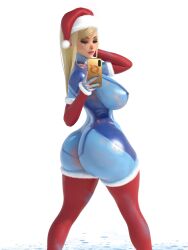 Rule 34 | 1girl, absurdres, ass, blonde hair, blue eyes, blue nails, bodypaint, breasts, cellphone, christmas, commentary, elbow gloves, english commentary, fluff, gloves, hat, highres, huge ass, large breasts, long hair, looking at phone, looking back, metroid, nail polish, nintendo, paint, phone, popogori, red gloves, red thighhighs, samus aran, santa costume, santa hat, selfie, solo, spread legs, thick thighs, thighhighs, thighs, white background, wide hips