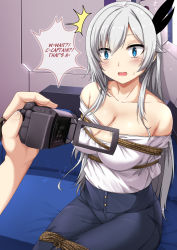 Rule 34 | 1girl, ^^^, arms behind back, bare shoulders, bdsm, black pants, black ribbon, blue eyes, blush, bondage, bound, breasts, camera, cecilia schariac, cleavage, collarbone, couch, english text, grey hair, hair between eyes, hair ribbon, highres, holding, holding camera, honkai (series), honkai impact 3rd, indoors, large breasts, long hair, off-shoulder shirt, off shoulder, open mouth, out of frame, pants, parted bangs, pov, pov hands, recording, ribbon, rope, sheita, shirt, shirt tucked in, sidelocks, sitting, solo focus, sparkle, speech bubble, surprised, sweatdrop, talking, white shirt, wide-eyed, window
