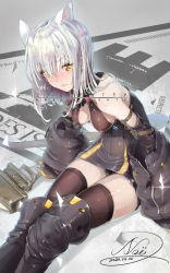 Rule 34 | 1girl, animal ears, arknights, artist name, bare shoulders, black dress, black panties, black thighhighs, blush, breasts, closed mouth, commentary request, detached sleeves, dress, english text, highres, looking at viewer, mouse ears, n-oel, panties, pantyshot, scavenger (arknights), short hair, signature, silver hair, sitting, solo, thighhighs, underwear, yellow eyes