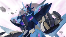 Rule 34 | alus earthree gundam, close-up, commentary, english commentary, gundam, gundam build divers, gundam build divers re:rise, highres, looking at viewer, mecha, myjet, no humans, one-eyed, open hand, purple eyes, robot, science fiction, solo, upper body, v-fin