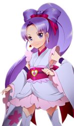 Rule 34 | 10s, 1girl, alternate form, bow, bow-shaped hair, brooch, cure fortune, cure fortune (anmitsu komachi), detached sleeves, earrings, frills, hair bow, hair bun, happinesscharge precure!, heart, heart brooch, hikawa iona, japanese clothes, jewelry, long hair, magical girl, niack (hasurja), ponytail, precure, purple eyes, purple hair, single hair bun, skirt, smile, solo, thighhighs, white background, white skirt, white thighhighs, wide ponytail