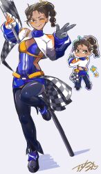 Rule 34 | 1girl, absurdres, adapted costume, animification, apex legends, black footwear, black thighhighs, blue dress, blush, breasts, brown eyes, brown hair, checkered flag, chibi, chibi inset, dark-skinned female, dark skin, dress, eyebrow cut, flag, highres, holding, holding flag, medium hair, multi-tied hair, one eye closed, premium finish rampart, race queen, rampart (apex legends), small breasts, standing, standing on one leg, striped clothes, striped dress, suru melon, thighhighs, v, vertical-striped clothes, vertical-striped dress