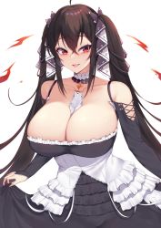 Rule 34 | 1girl, alternate costume, azur lane, bare shoulders, black dress, black hair, breasts, choker, cleavage, collarbone, commentary request, cosplay, crossed bangs, dress, formidable (azur lane), formidable (azur lane) (cosplay), frilled dress, frills, hair between eyes, hair ribbon, holding, holding clothes, holding skirt, kuavera, large breasts, long hair, looking to the side, open mouth, red eyes, ribbon, skirt, taihou (azur lane), tongue, tongue out, twintails, two-tone dress, two-tone ribbon, very long hair