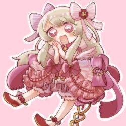 Rule 34 | 1girl, bad id, bad twitter id, blonde hair, chaos marie (grimms notes), chibi, full body, grimms notes, hair ribbon, highres, long hair, pink eyes, ribbon, solo, u umiuchi
