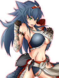 Rule 34 | 1girl, armband, armpits, bandages, bare shoulders, blue hair, breasts, capcom, female focus, fur, gloves, green eyes, hand on own chest, highres, large breasts, loincloth, long hair, monster hunter (series), muscular, nargacuga (armor), navel, open mouth, panties, ribasuto, smile, solo, underboob, underwear