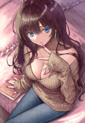 Rule 34 | 1girl, :o, absurdres, ahoge, aramachi, bare shoulders, bed, blue eyes, book, breasts, brown hair, brown sweater, cleavage, collarbone, commentary, crossed legs, denim, earrings, fingernails, hair between eyes, highres, ichinose shiki, idolmaster, idolmaster cinderella girls, jeans, jewelry, large breasts, lips, long hair, looking at viewer, nail polish, off-shoulder sweater, off shoulder, on bed, open mouth, pants, pillow, pink nails, ribbed sweater, sitting, sleeves past wrists, solo, sweater, very long hair, wavy hair