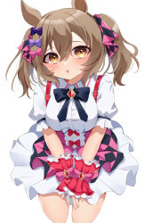 Rule 34 | 1girl, absurdres, animal ears, blush, bow, breasts, brown eyes, brown hair, center frills, commentary, cowboy shot, dress, frilled dress, frills, hair between eyes, hair bow, heart, highres, horse ears, horse girl, horse tail, kaoru (h8qm9), looking at viewer, medium breasts, one eye closed, open mouth, pink dress, puffy short sleeves, puffy sleeves, red bow, scrunchie, short sleeves, simple background, smart falcon (umamusume), smile, solo, tail, teeth, thigh strap, twintails, umamusume, white background, wrist scrunchie