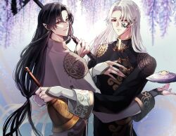 Rule 34 | 2boys, absurdres, bell, black hair, black robe, blue background, changpao, chinese clothes, chrysanthemum print, facial tattoo, fan wujiu, fan wujiu (broken blossoms), floating, floating object, floral print, flower, hand on own chest, highres, holding, holding bell, holding umbrella, identity v, kino (uni sk38), light particles, long hair, long sleeves, looking at viewer, looking back, low-tied long hair, male focus, matching outfits, multiple boys, official alternate costume, parted bangs, parted lips, pointy ears, purple flower, red eyes, robe, scowl, sleeve cuffs, smile, tattoo, umbrella, upper body, white hair, white robe, wisteria, xie bian, xie bian (broken blossoms)