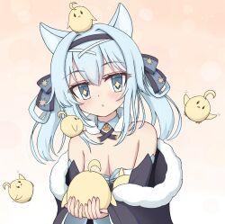 1girl animal animal_ear_fluff animal_ears azur_lane bare_shoulders bird black_bow blue_bow blue_eyes blue_hair bow breasts cat_girl chick cleavage dvomil hair_bow hands_up highres holding holding_animal light_blush manjuu_(azur_lane) medium_breasts medium_hair parted_lips simple_background sparkling_eyes suzunami_(azur_lane) triangle_mouth upper_body yellow_background