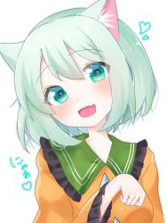 Rule 34 | 1girl, :d, animal ear fluff, animal ears, blush, breasts, cat ears, collared shirt, commentary request, eringi (rmrafrn), fang, frilled shirt collar, frills, green eyes, green hair, hair between eyes, hand up, head tilt, heart, heart-shaped pupils, kemonomimi mode, komeiji koishi, long sleeves, looking at viewer, open mouth, orange shirt, shirt, simple background, skin fang, small breasts, smile, solo, symbol-shaped pupils, touhou, translation request, upper body, white background