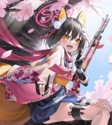 Rule 34 | 1girl, absurdres, animal ears, blue archive, braid, brown hair, cherry blossoms, fishnet thighhighs, fishnets, fox ears, fox girl, fox hair ornament, fox shadow puppet, fox tail, gloves, gun, halo, highres, in tree, izuna (blue archive), japanese clothes, kimyo, kunai, loafers, md5 mismatch, partially fingerless gloves, pink scarf, scarf, school uniform, serafuku, shoes, short hair, single thighhigh, sitting, sitting in tree, submachine gun, tail, thighhighs, tree, type 100 smg, weapon, white serafuku, yellow eyes