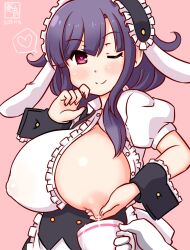 Rule 34 | 1girl, ahoge, alternate costume, animal ears, apron, artist logo, black hairband, blush, breast milk, breasts, center frills, cosplay, cup, droopy ears, fake animal ears, fleur de lapin uniform, floppy ears, frilled apron, frilled cuffs, frilled hairband, frilled shirt, frills, gochuumon wa usagi desu ka?, gradient background, hairband, heart, heart-shaped pupils, kanon (kurogane knights), kantai collection, kirima syaro, kirima syaro (cosplay), lactating into container, lactation, large breasts, lolita hairband, long hair, looking at another, low twintails, one-hour drawing challenge, one eye closed, pink eyes, puffy short sleeves, puffy sleeves, purple hair, rabbit ears, red eyes, shirt, short sleeves, smile, symbol-shaped pupils, taigei (kancolle), twintails, underbust, upper body, waist apron, waitress, white apron, wrist cuffs