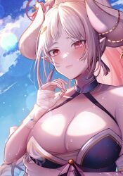 Rule 34 | 1girl, azusa (granblue fantasy), azusa (summer) (granblue fantasy), bandaged hand, bandages, bikini, blush, braid, braided ponytail, breasts, choker, cleavage, draph, granblue fantasy, high ponytail, highres, horns, huge breasts, japanese clothes, official alternate costume, official alternate hairstyle, pointy ears, purple bikini, solo, swimsuit, takanishi takashi, white hair