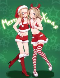 Rule 34 | 2girls, arm around back, bandeau, blue eyes, boots, borrowed character, brown hair, chibikko (morihito), christmas, dekomegane, eyebrows, fake horns, fur trim, glasses, hairband, hat, high heel boots, high heels, horns, knee boots, merry christmas, midriff, morihito, multiple girls, navel, one eye closed, open mouth, original, parted bangs, red-framed eyewear, red footwear, santa costume, santa hat, shoes, shorts, skirt, smile, standing, standing on one leg, star (symbol), strapless, striped clothes, striped legwear, striped thighhighs, thick eyebrows, thighhighs, tube top, white footwear, wrist cuffs