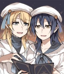 Rule 34 | 10s, 2girls, ayase eli, beret, black hair, blonde hair, book, capelet, clipe, commentary request, fur trim, hair between eyes, hair down, hair ribbon, half-closed eyes, hat, holding, holding book, long hair, love live!, love live! school idol festival, love live! school idol project, multiple girls, neck ribbon, open book, open mouth, ribbon, sonoda umi, striped ribbon