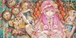 Rule 34 | 1girl, adapted costume, bad id, bad pixiv id, bird, book, bookmark, bow, branch, chair, clock, crescent, embellished costume, feathers, floral print, flower, food, food-themed clothes, fruit, gears, hair bow, hat, long hair, macaron, owl, patchouli knowledge, purple eyes, purple hair, solo, strawberry, throne, touhou, yogisya
