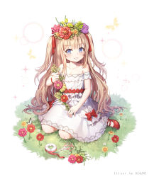 Rule 34 | 1girl, artist name, bad id, bad pixiv id, bare shoulders, blunt bangs, bow, brown hair, bug, butterfly, collarbone, daisy, dress, flower, full body, grass, grin, hair ribbon, head wreath, holding, holding flower, insect, long hair, looking at viewer, off-shoulder dress, off shoulder, original, outdoors, print dress, purple eyes, purple flower, red bow, red flower, red footwear, red ribbon, ribbon, roang, scissors, shoes, short dress, simple background, sitting, smile, solo, sparkle, tape, two side up, very long hair, wariza, white background, white dress, white flower, wristband, yellow flower
