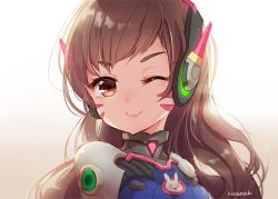 Rule 34 | &gt;:3, 1girl, :3, ;), artist name, blush, bodysuit, brown eyes, brown hair, d.va (overwatch), facepaint, facial mark, headphones, long hair, looking at viewer, one eye closed, overwatch, overwatch 1, pink lips, runamochi, simple background, smile, smiley face, solo, upper body, v-shaped eyebrows, whisker markings, white background